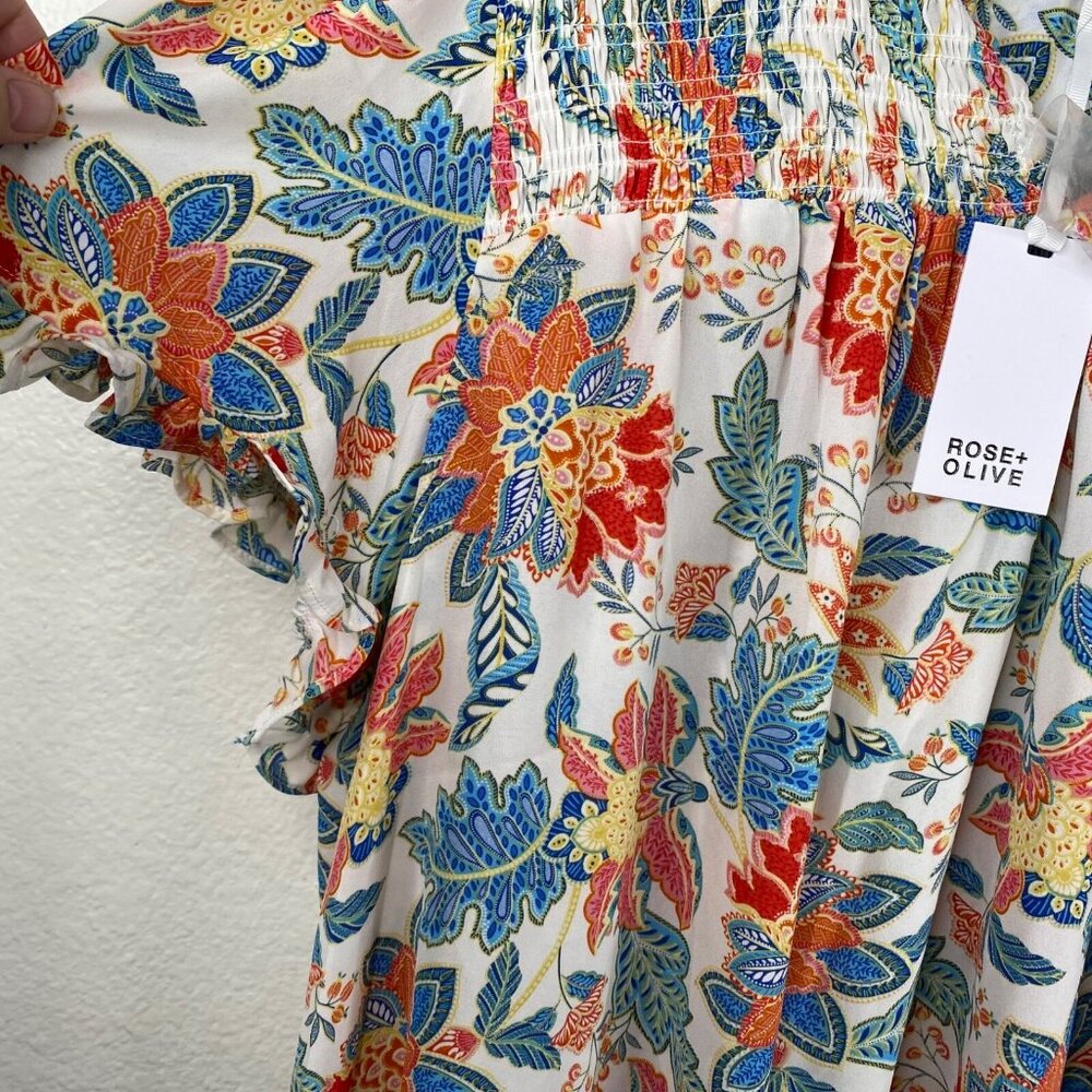 Rose & Olive Top Women's Short Sleeves Ruffles Smocked Floral Mulitcolor 1X NWT - Picture 6 of 11